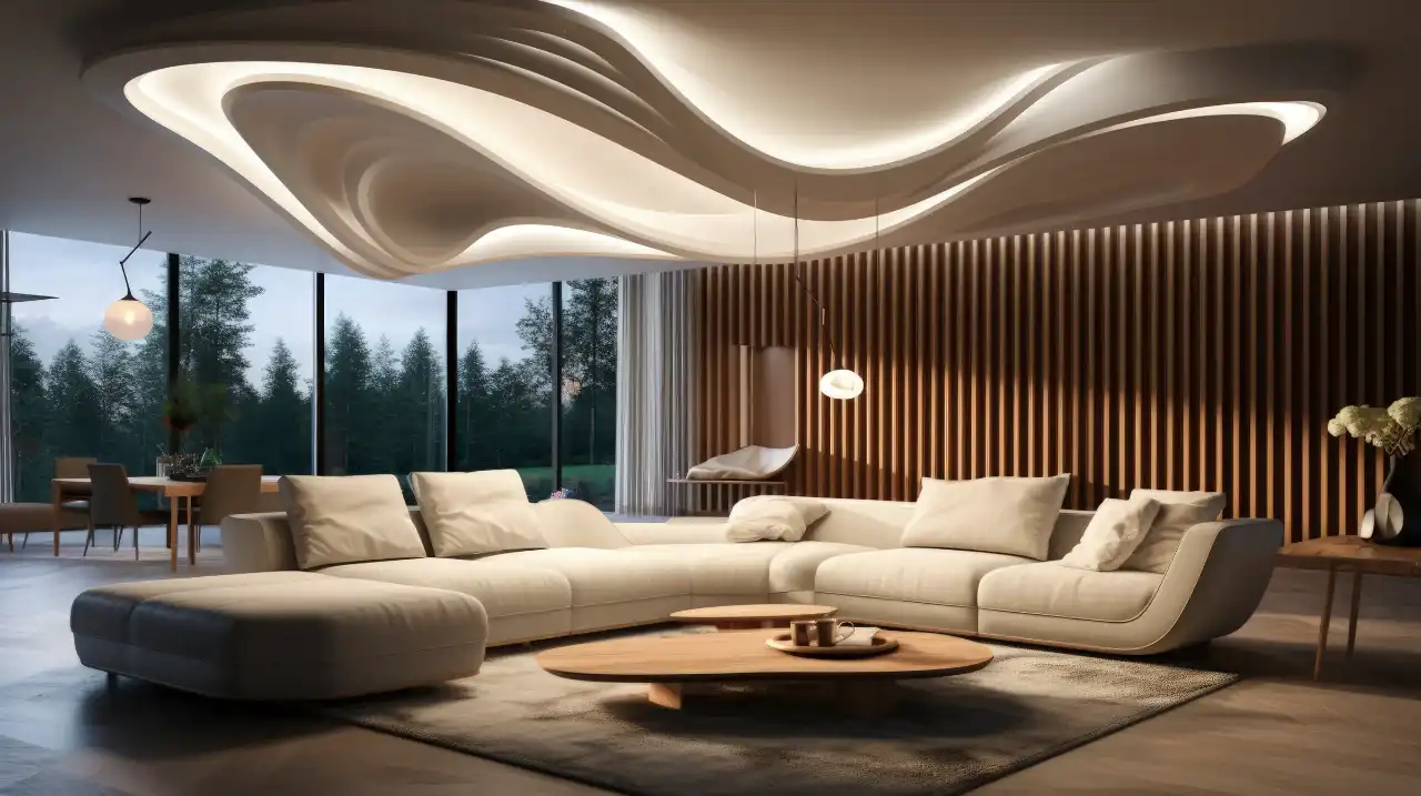 A sculpted plaster ceiling above a linen-toned living room, framed by a slatted timber wall