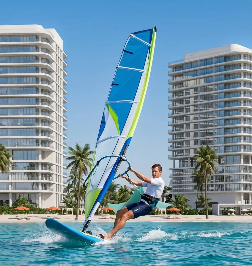 A windsurfer crossing the water in front of a beachfront residential development