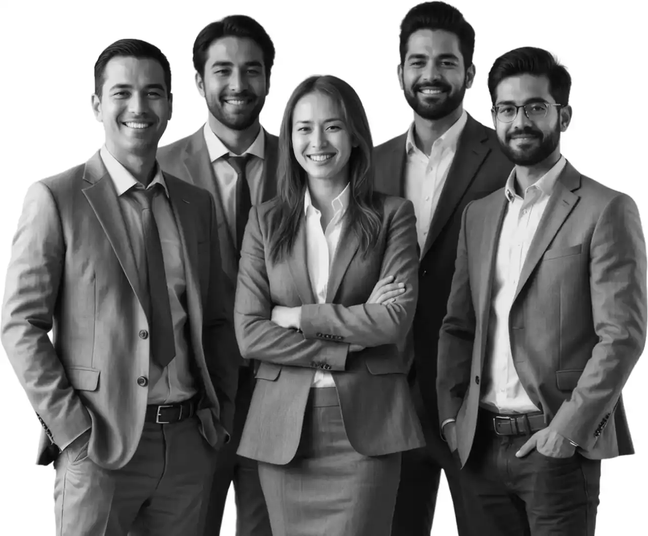 Five NUVÉ advisors in suits standing together, photographed in black and white