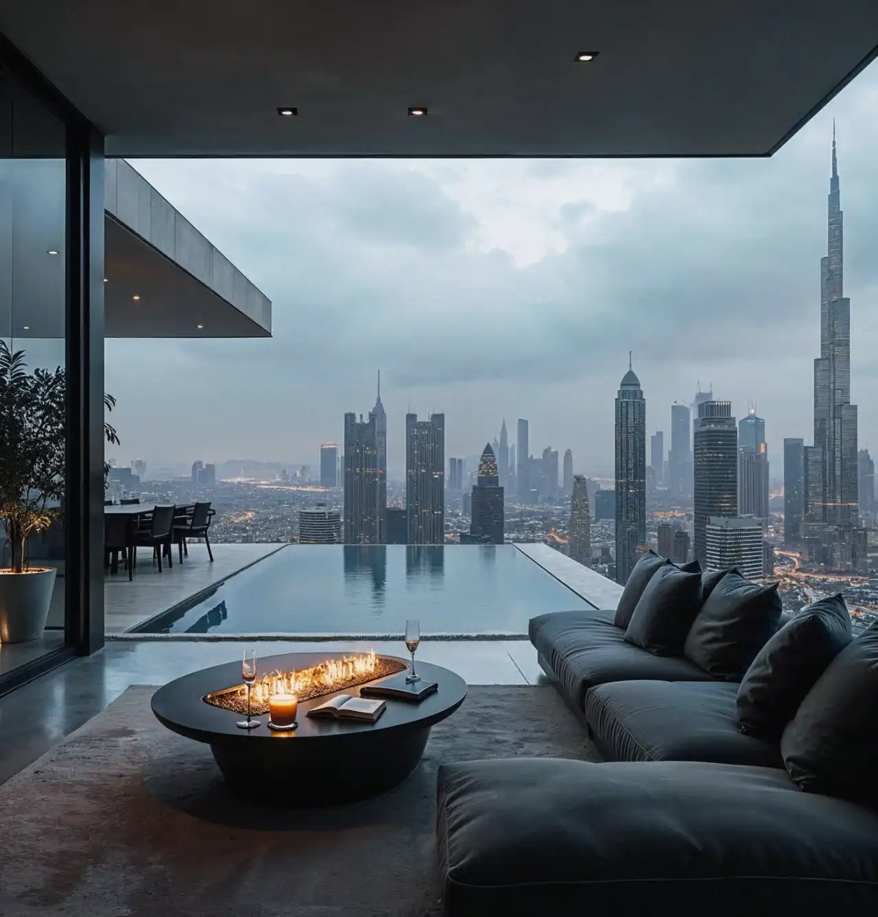 A penthouse terrace at dusk with a fire bowl and infinity pool looking over the Dubai skyline