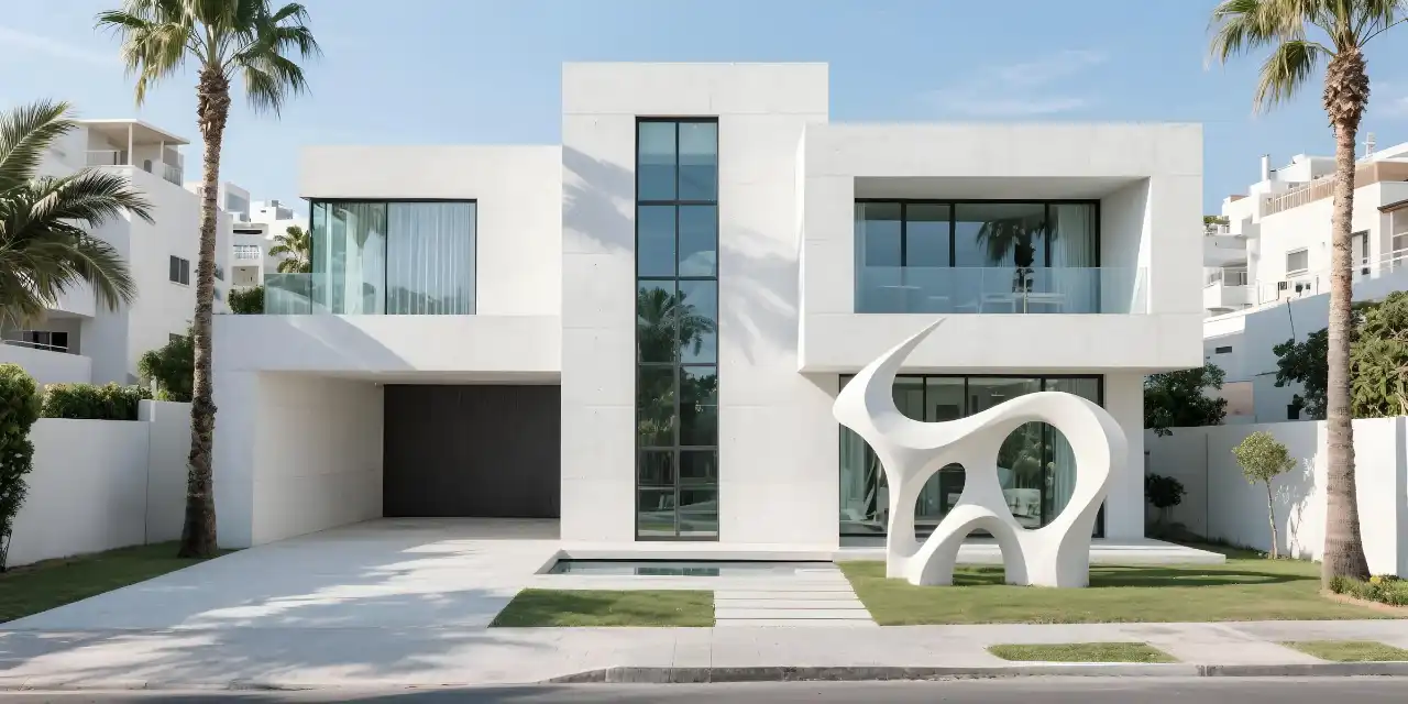 A white contemporary villa behind palms, with a sculptural feature in the garden
