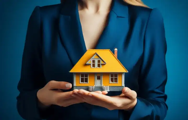 An agent in a blue suit holding a small model house in cupped hands