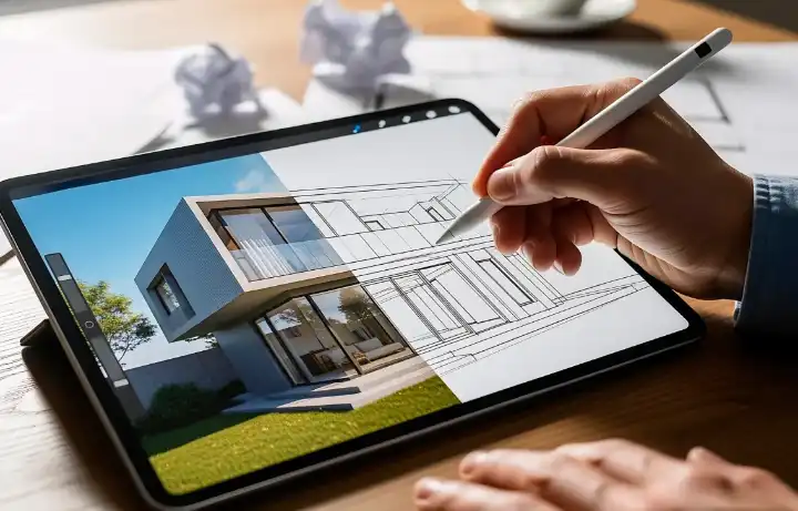 A tablet showing a villa rendering half-drawn as a line plan, marked up with a stylus