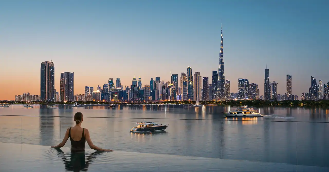 A swimmer at the edge of an infinity pool looking across the water to the Dubai skyline at sunset
