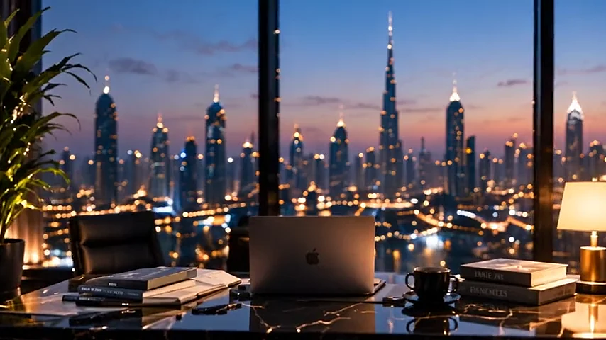 A desk with market reports overlooking Downtown Dubai