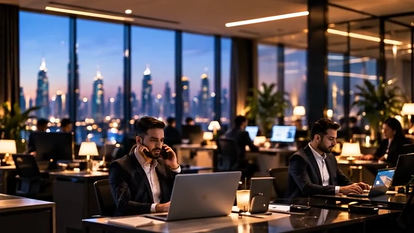The NUVÉ team at work in an office overlooking Dubai
