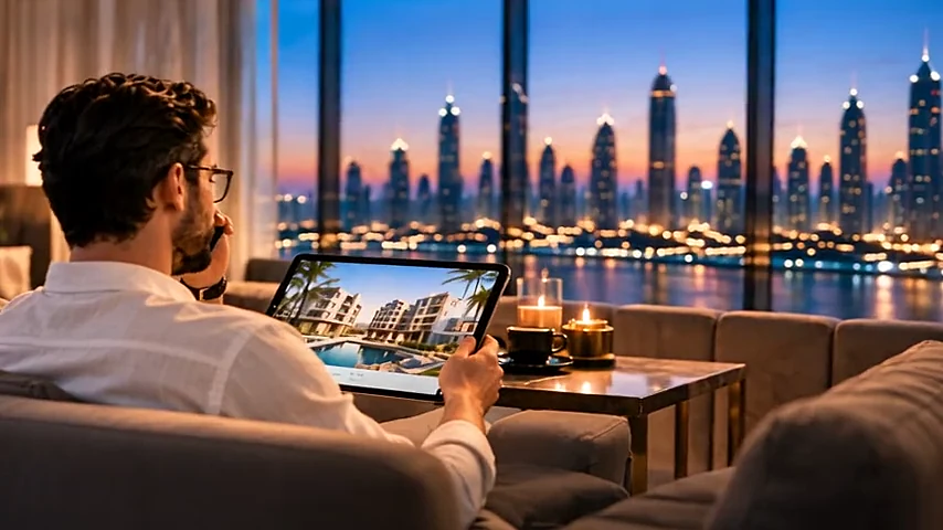 A client browsing homes on a tablet with the Dubai skyline behind