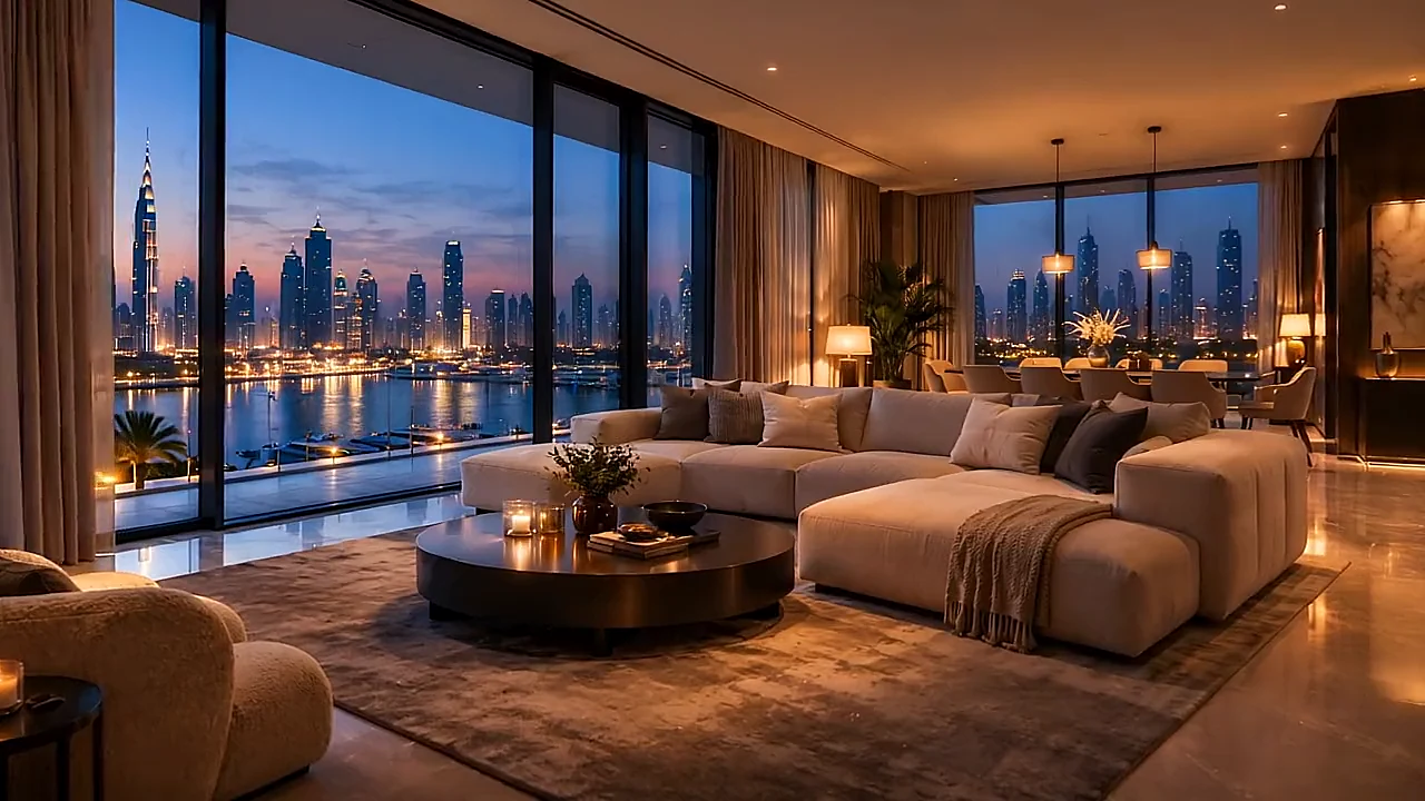 A luxury Dubai living room overlooking the skyline at dusk