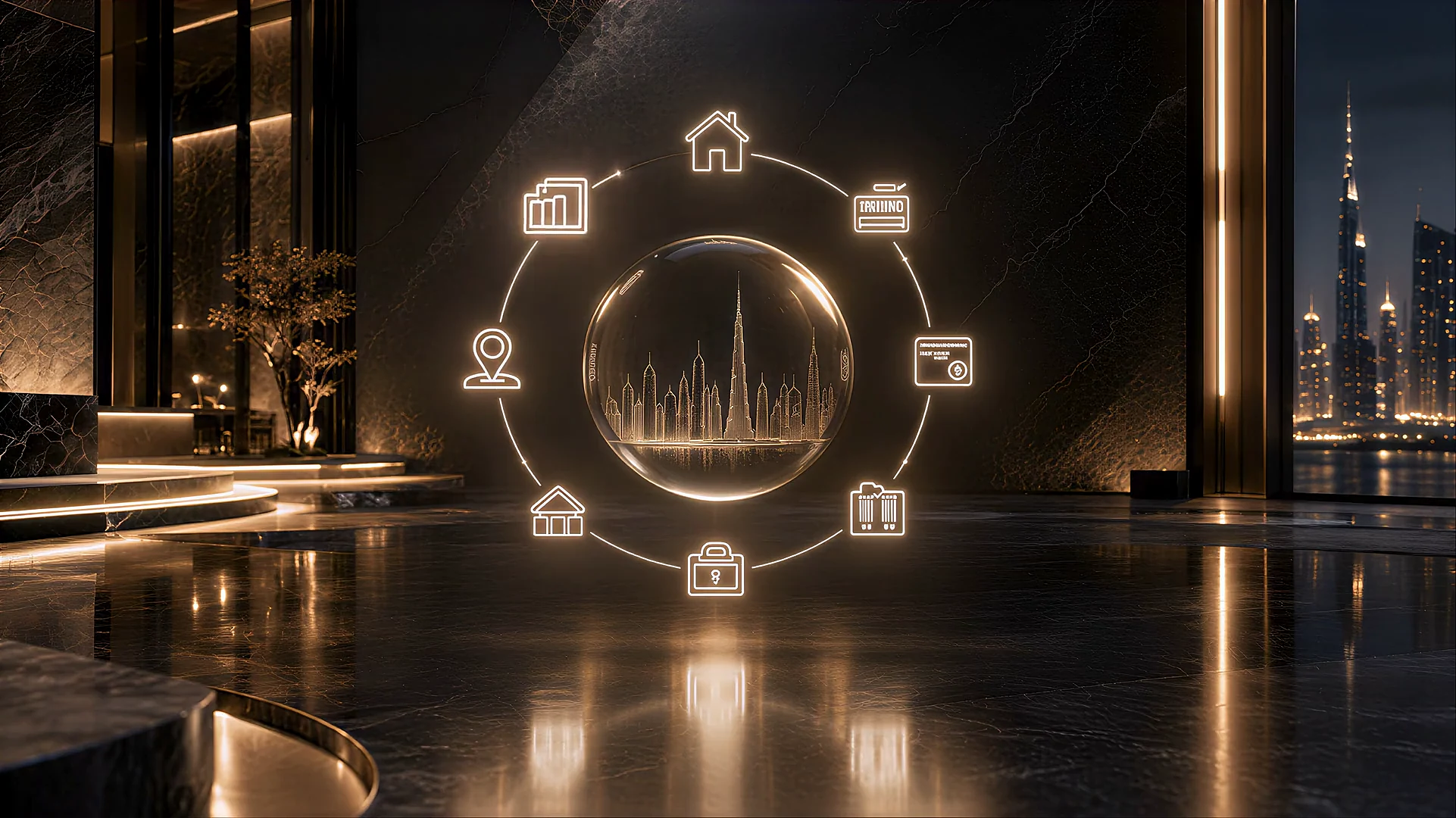 NUVÉ services around a glass globe of the Dubai skyline